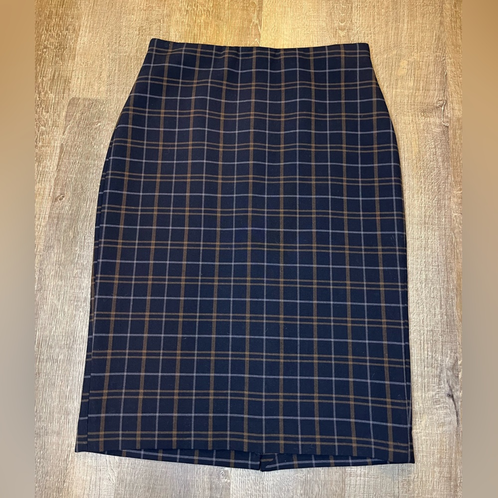Ann Taylor Navy and Brown Plaid Pencil Skirt